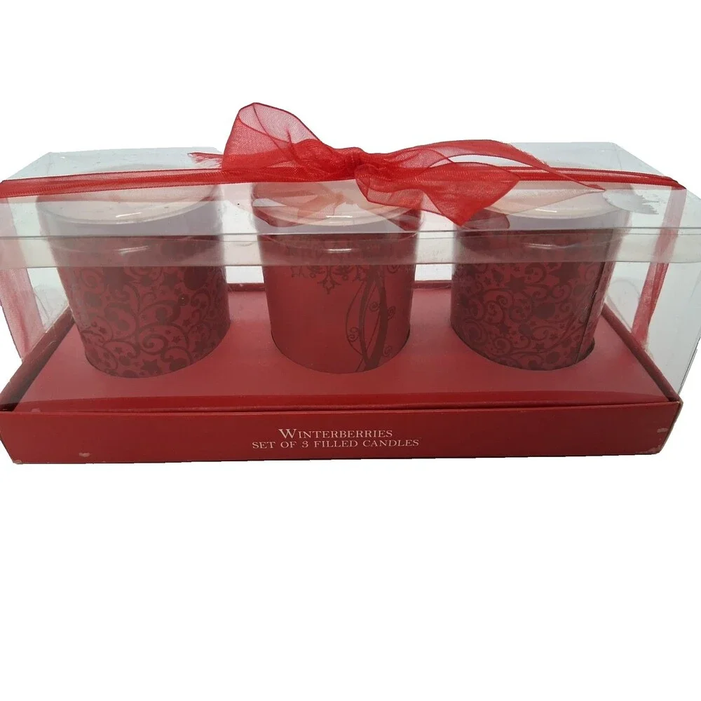 WinterBerries Set of  3 Red Votives BOXED Filled CHRISTMAS CANDLES New